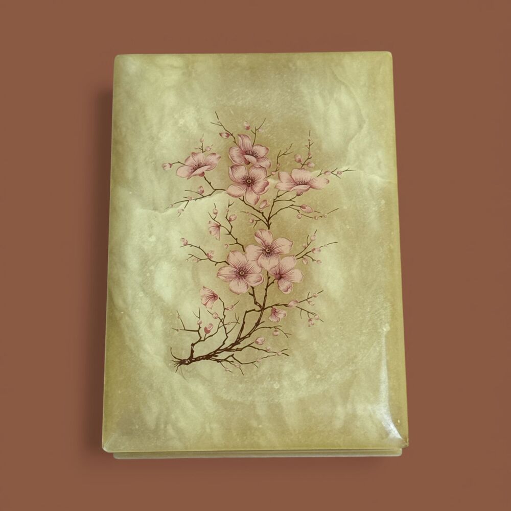 Vintage Alabaster Trinket Box 5"x3" Pink Floral Design Stone Jewelry Box Italy